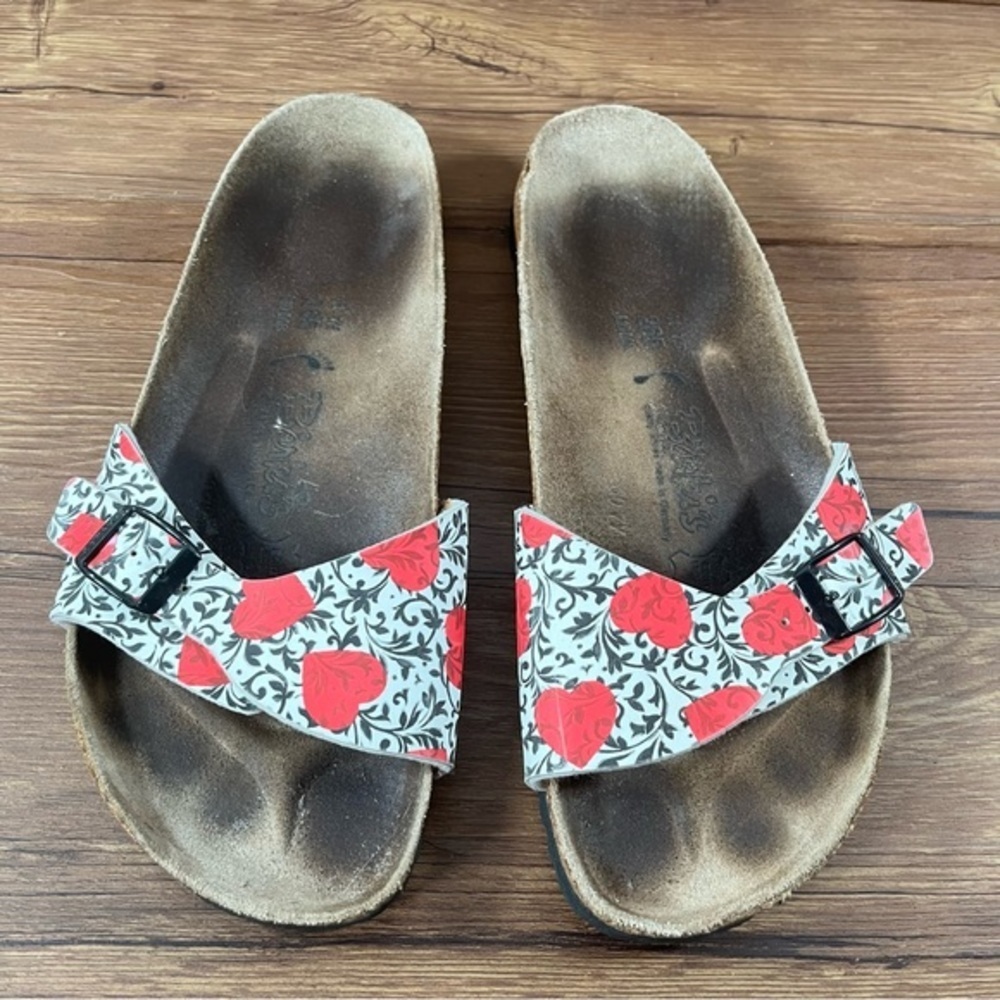 Birkenstock White Sandals with Red Floral Pattern